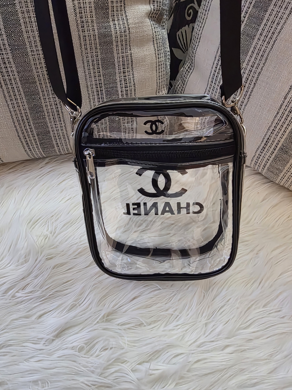 Clear PVC Crossbody Bag Stadium Bag Transparent Bag with Black Trim - Picture 6 of 10
